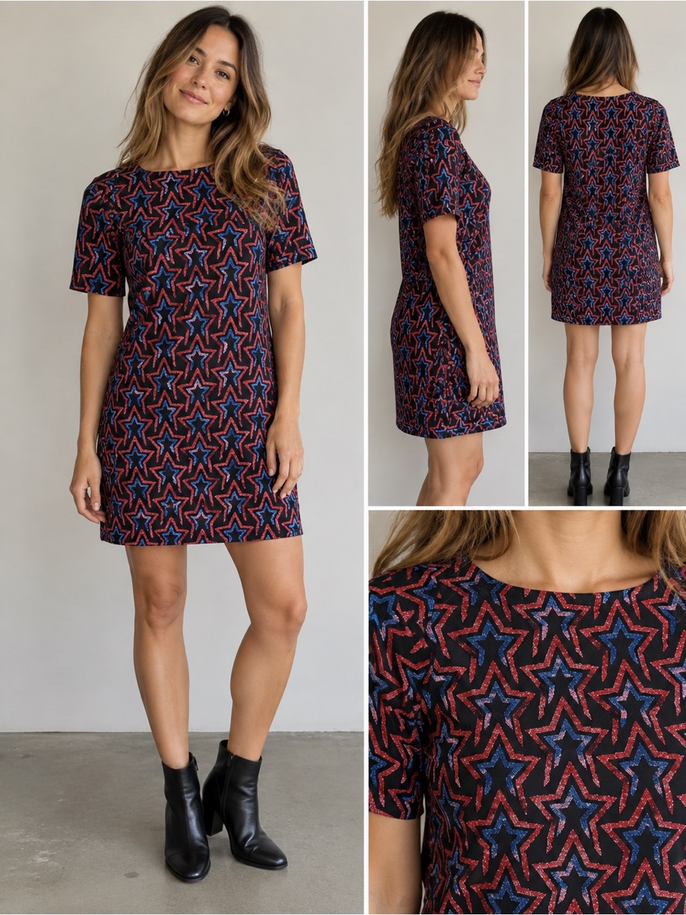 Zara Trafaluc Metallic Star Mini Dress Red Blue Black Y2K Size S